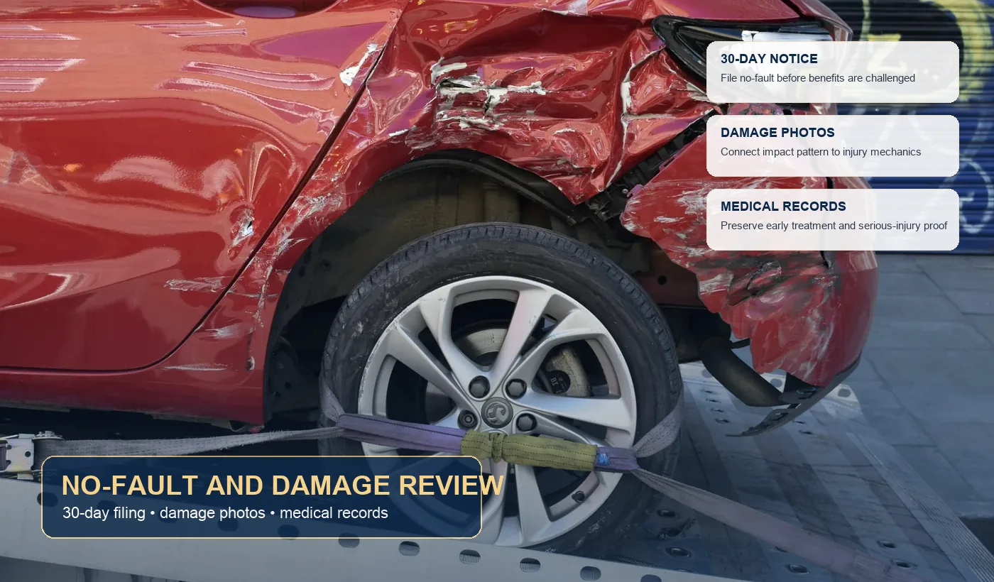 Auto accident no-fault evidence review with damage photos, medical records, and filing deadline documentation
