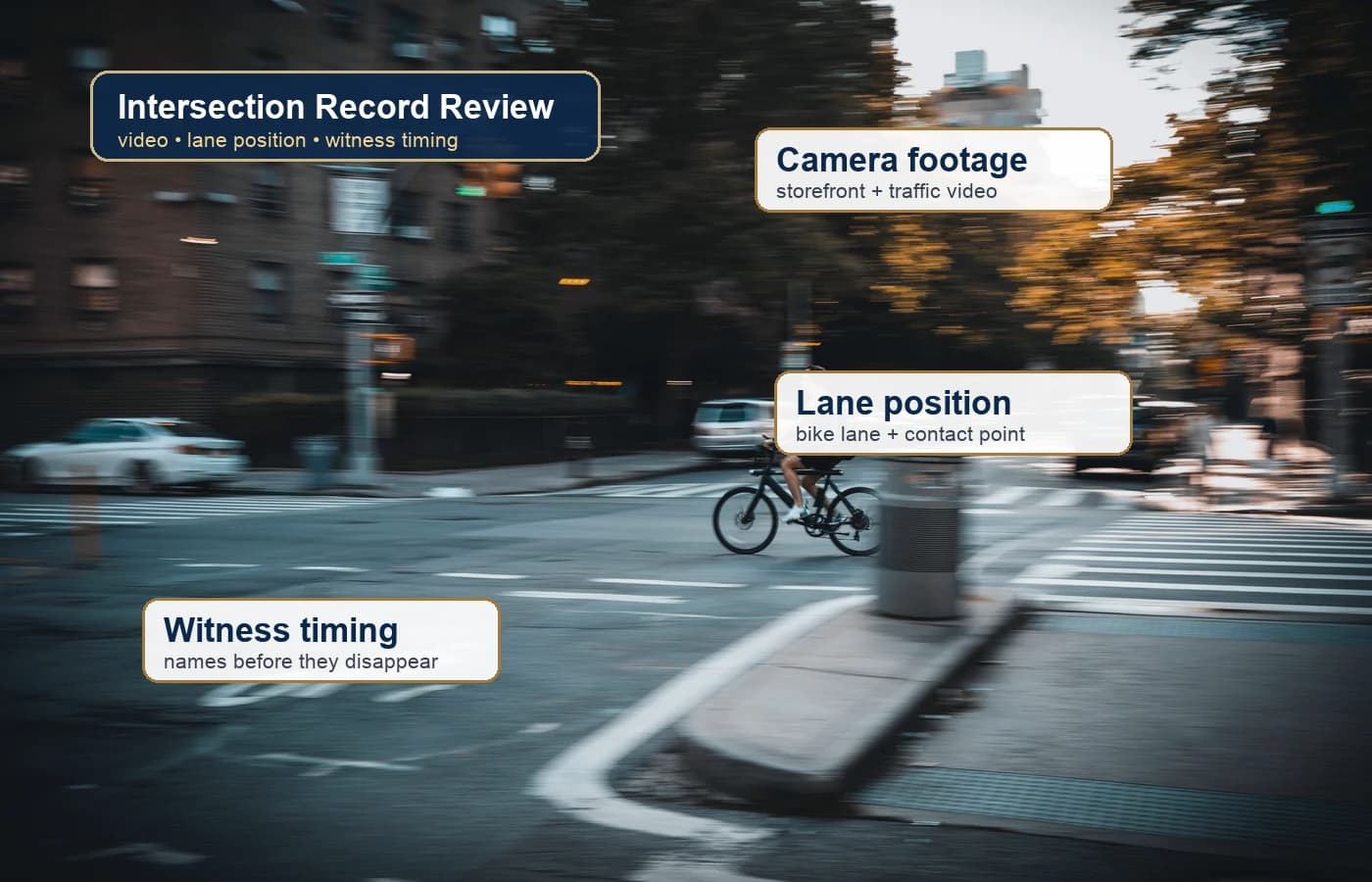 Bicycle accident intersection record review showing camera footage, lane position, and witness timing evidence