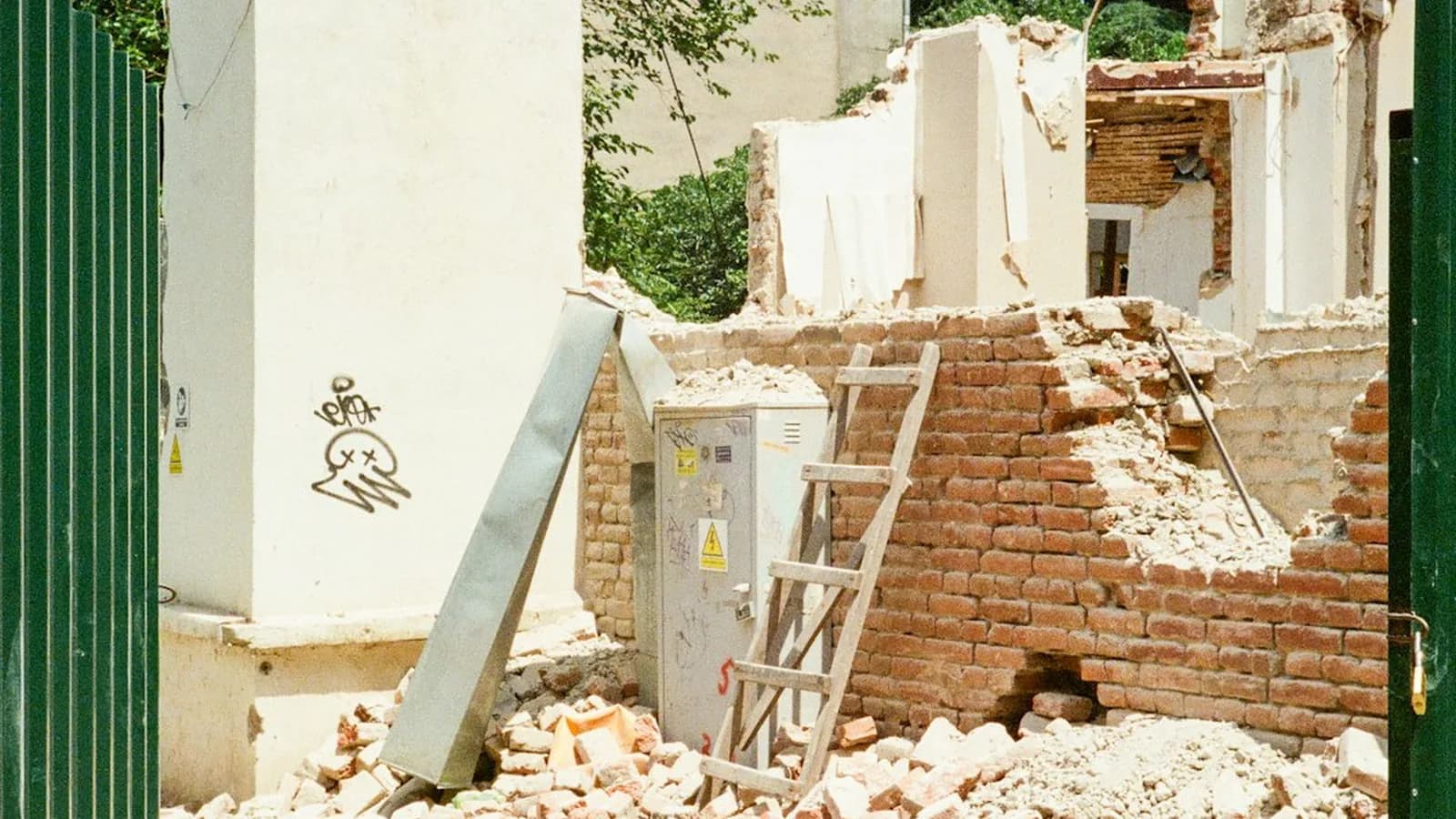 Partially collapsed brick building and structural debris in New York