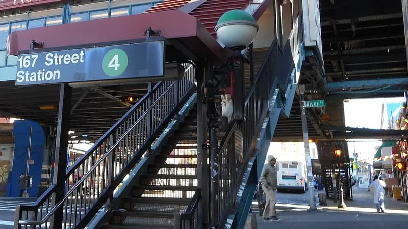 The street staircase up to the elevated 167th Street station at River Avenue in the Bronx.