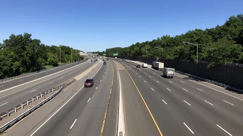 Traffic on Interstate 80, the Bergen-Passaic Expressway, seen from an overpass in Saddle Brook, New Jersey.