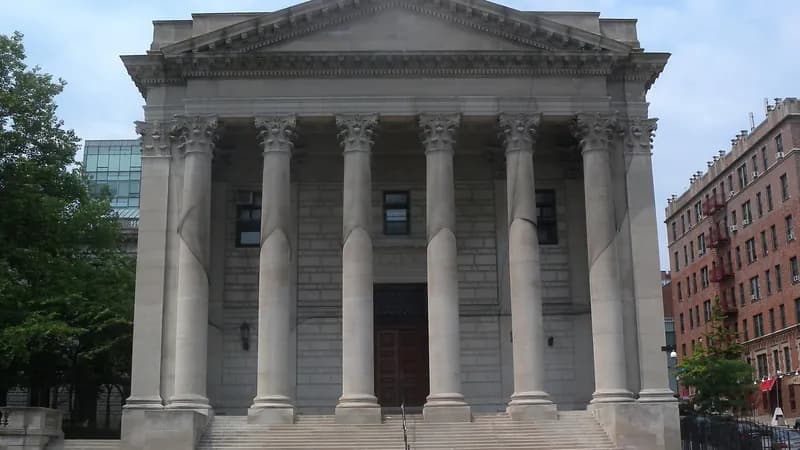 The columned front of the Richmond County Courthouse on Richmond Terrace in St. George, Staten Island.