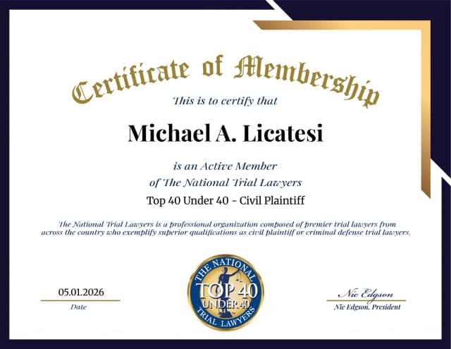 Certificate for Michael A. Licatesi recognizing The National Trial Lawyers Civil Plaintiff Top 40 Under 40 in New York, dated May 1, 2026