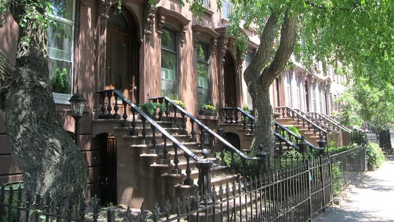 Brownstone row houses with stoops and iron railings under street trees on Prospect Place in Brooklyn.