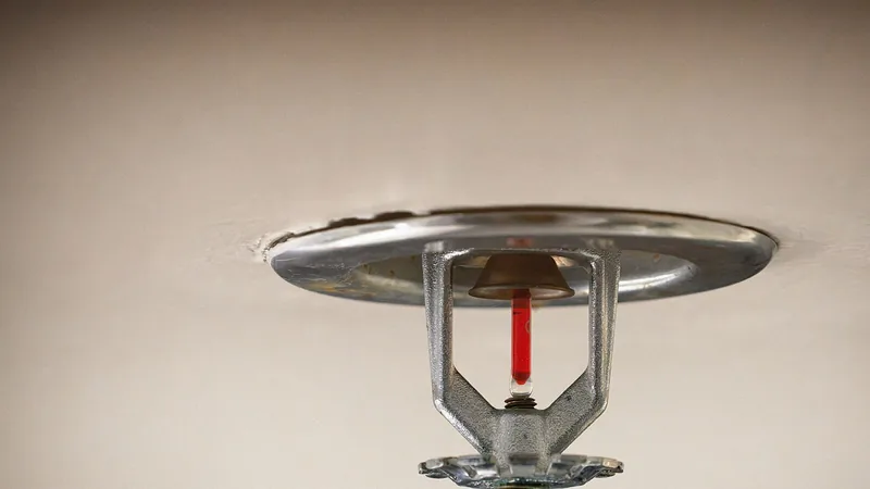A ceiling fire-sprinkler head with a red liquid-filled glass bulb.
