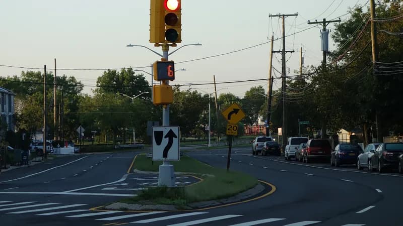 A pedestrian countdown signal on a planted median of Father Capodanno Boulevard at Ocean Avenue in Staten Island.