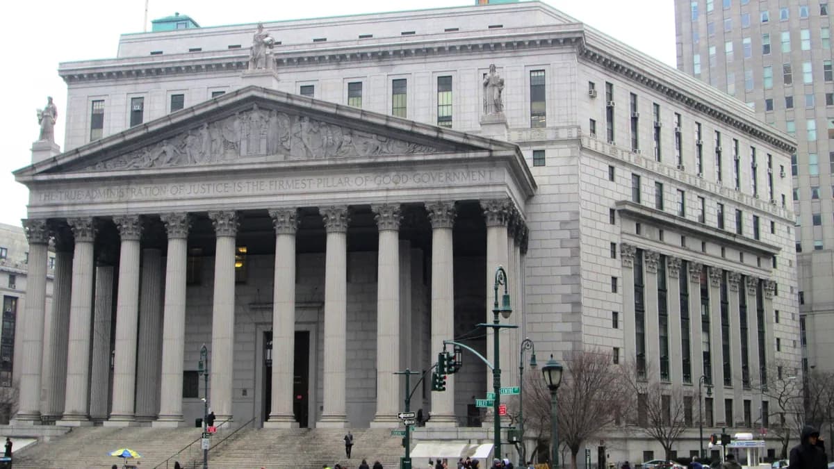 The New York County Supreme Court courthouse at 60 Centre Street in Foley Square, Manhattan, with its columned portico and wide front steps.