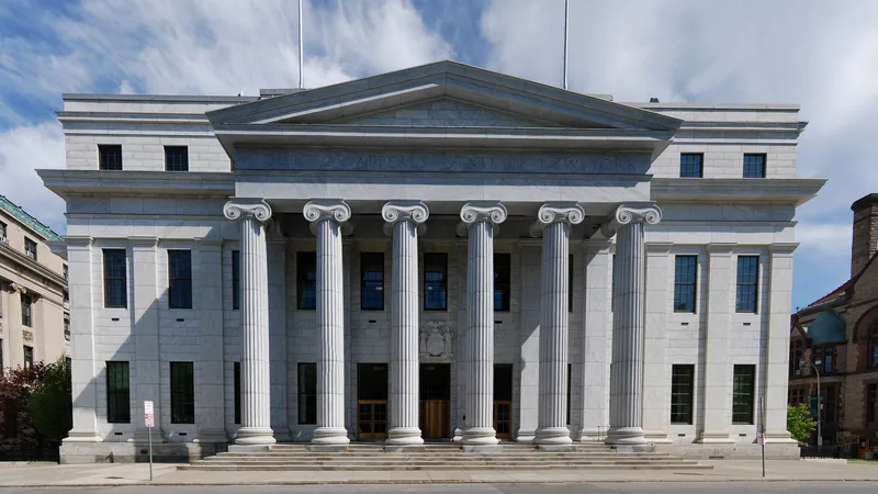 The columned white stone front of Court of Appeals Hall, the seat of New York’s highest court, in Albany.