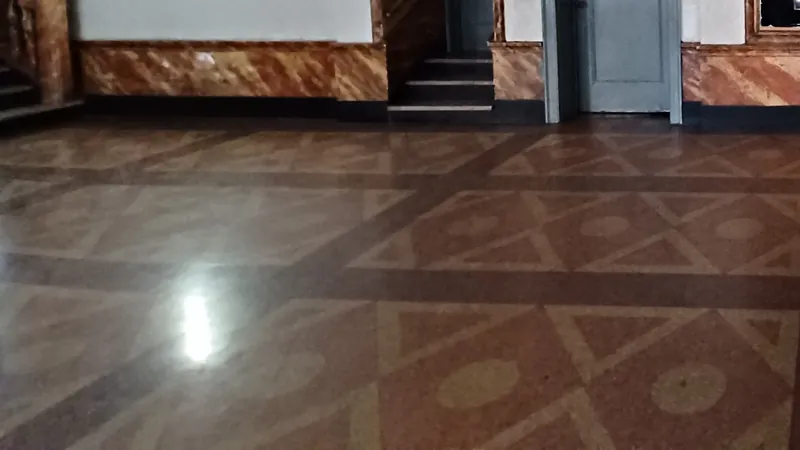 A polished terrazzo lobby floor with steps and an elevator door in a Brooklyn apartment building.