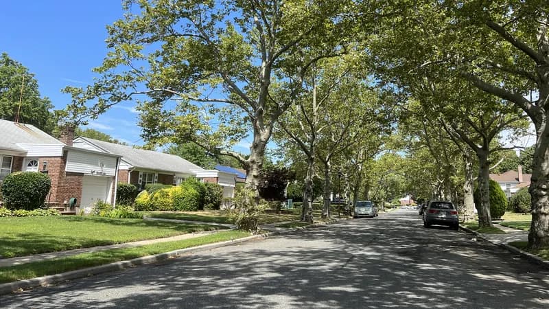 A tree-lined residential street in North Valley Stream with concrete sidewalks, lawns and single-family houses.