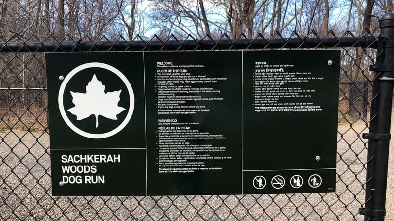 The posted rules sign on the fence of the Sachkerah Woods Dog Run in Van Cortlandt Park, the Bronx.
